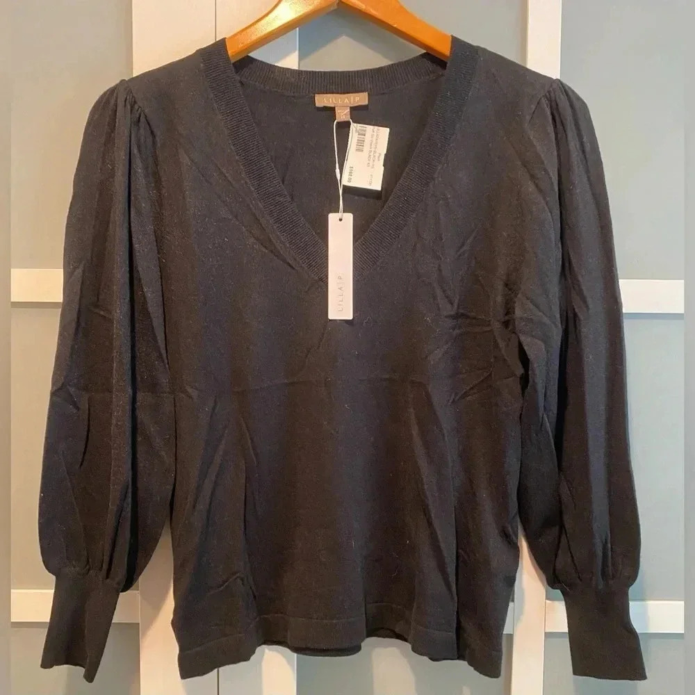 Lilla P‎ Women’s BLACK Puff Shoulder 3/4 Sleeve V Neck Sweater Cotton/Linen XS